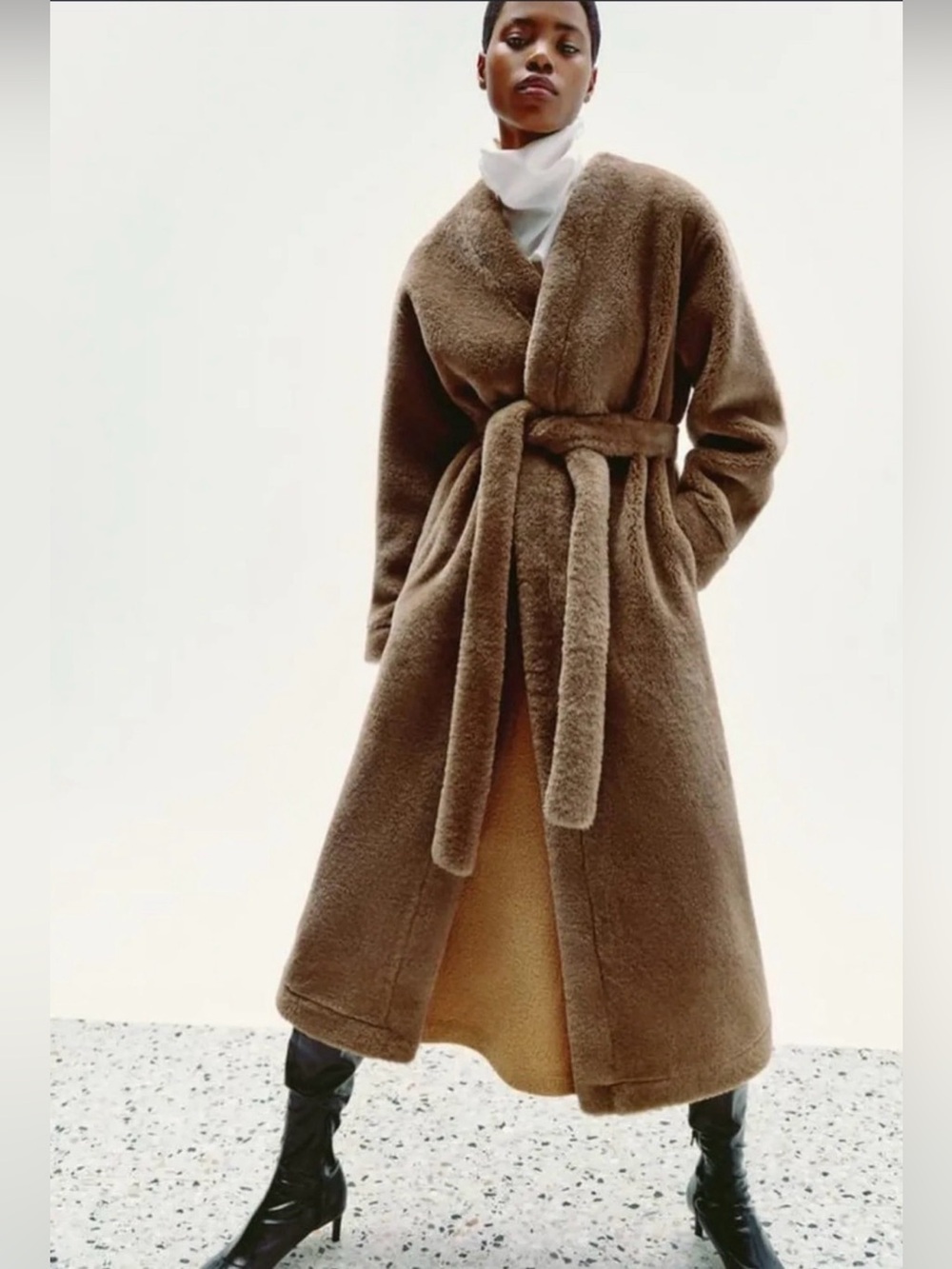 ZARA ZW COLLECTION Faux-Fur Long Winter Coat NWOT Tie Belt Sz M WARM VERY LUX!!
